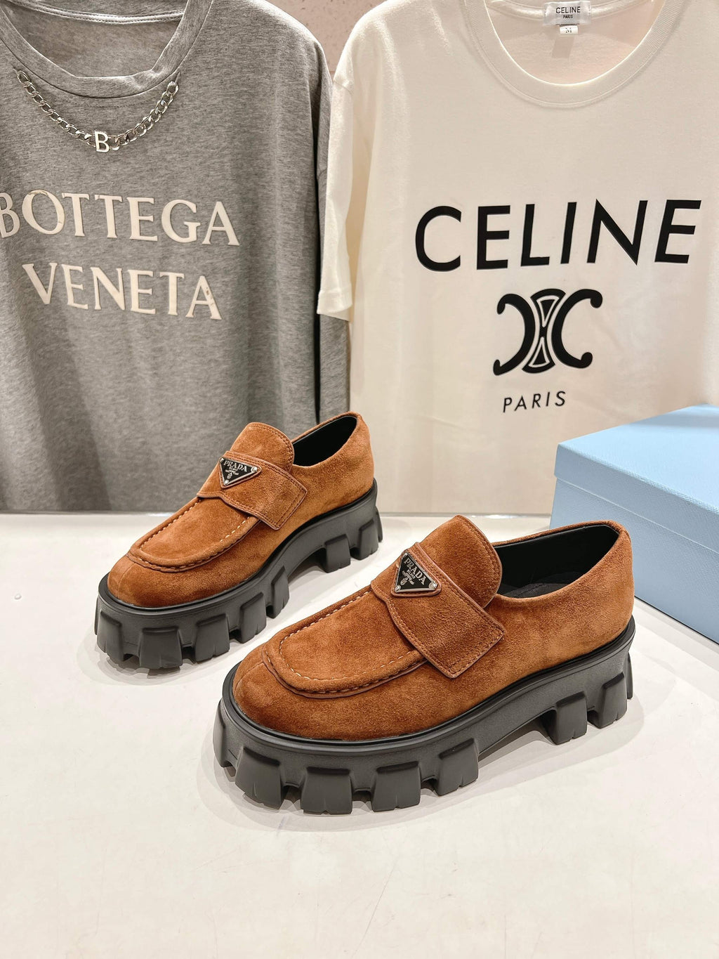 PRADA MONOLITH LOAFERS IN RED BROWN SUEDE