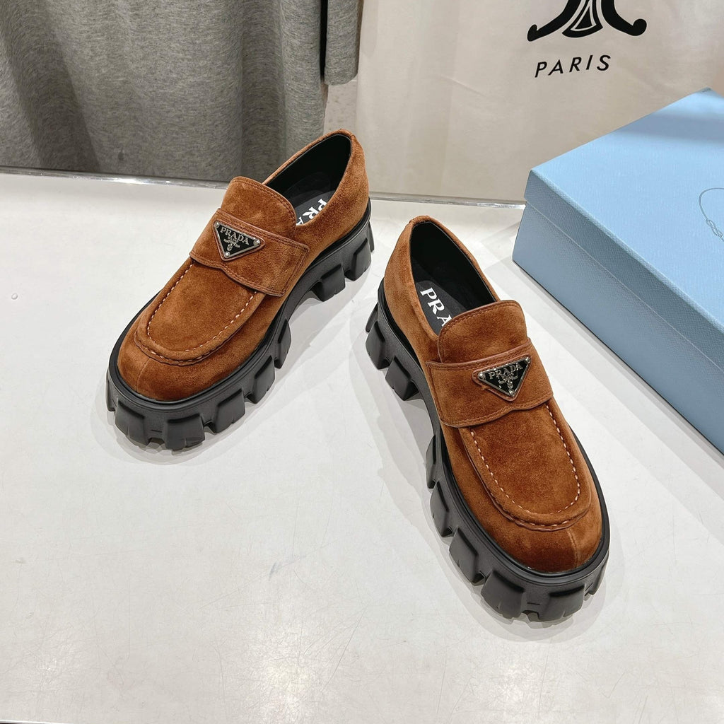 PRADA MONOLITH LOAFERS IN RED BROWN SUEDE