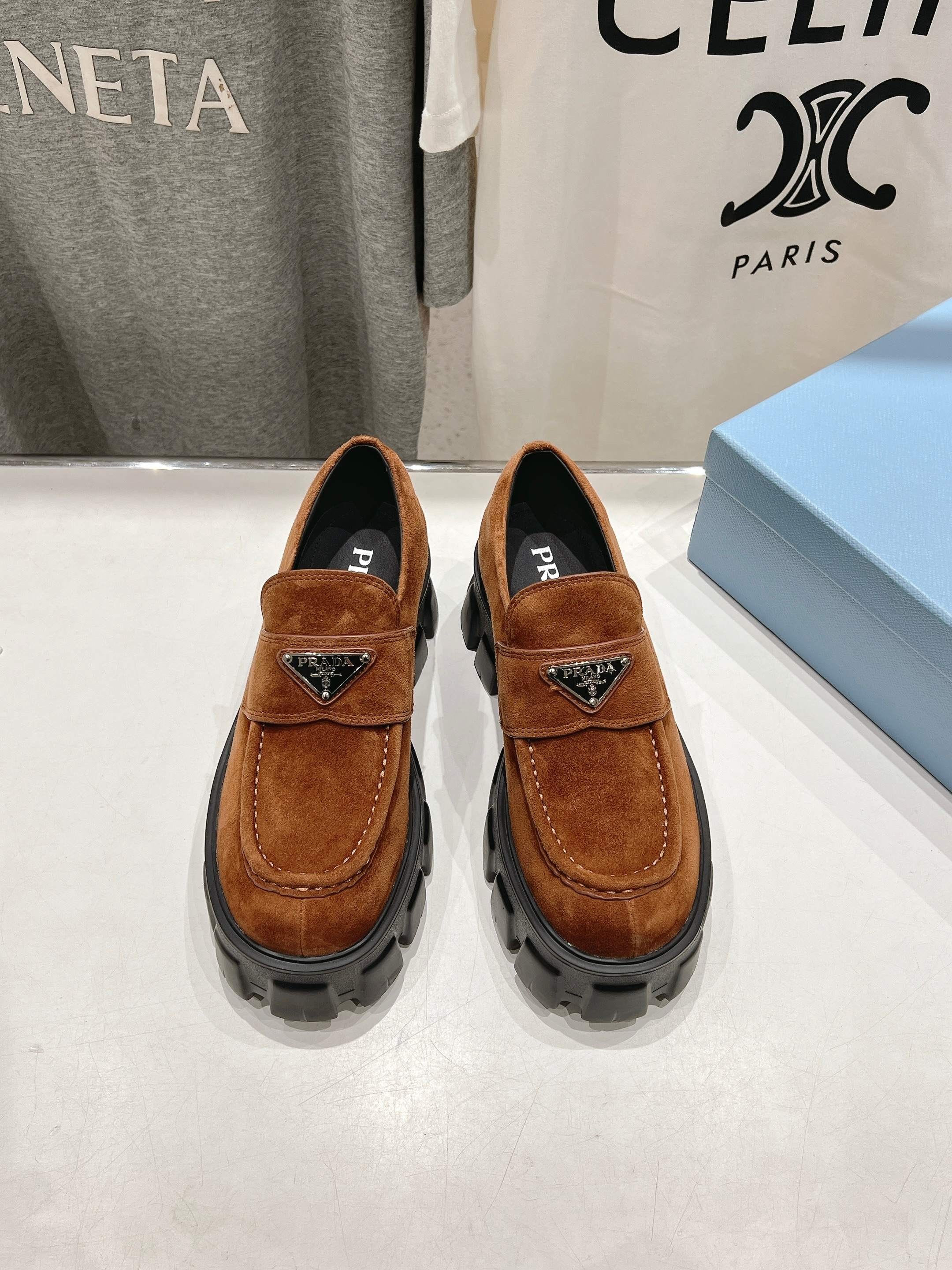 PRADA MONOLITH LOAFERS IN RED BROWN SUEDE