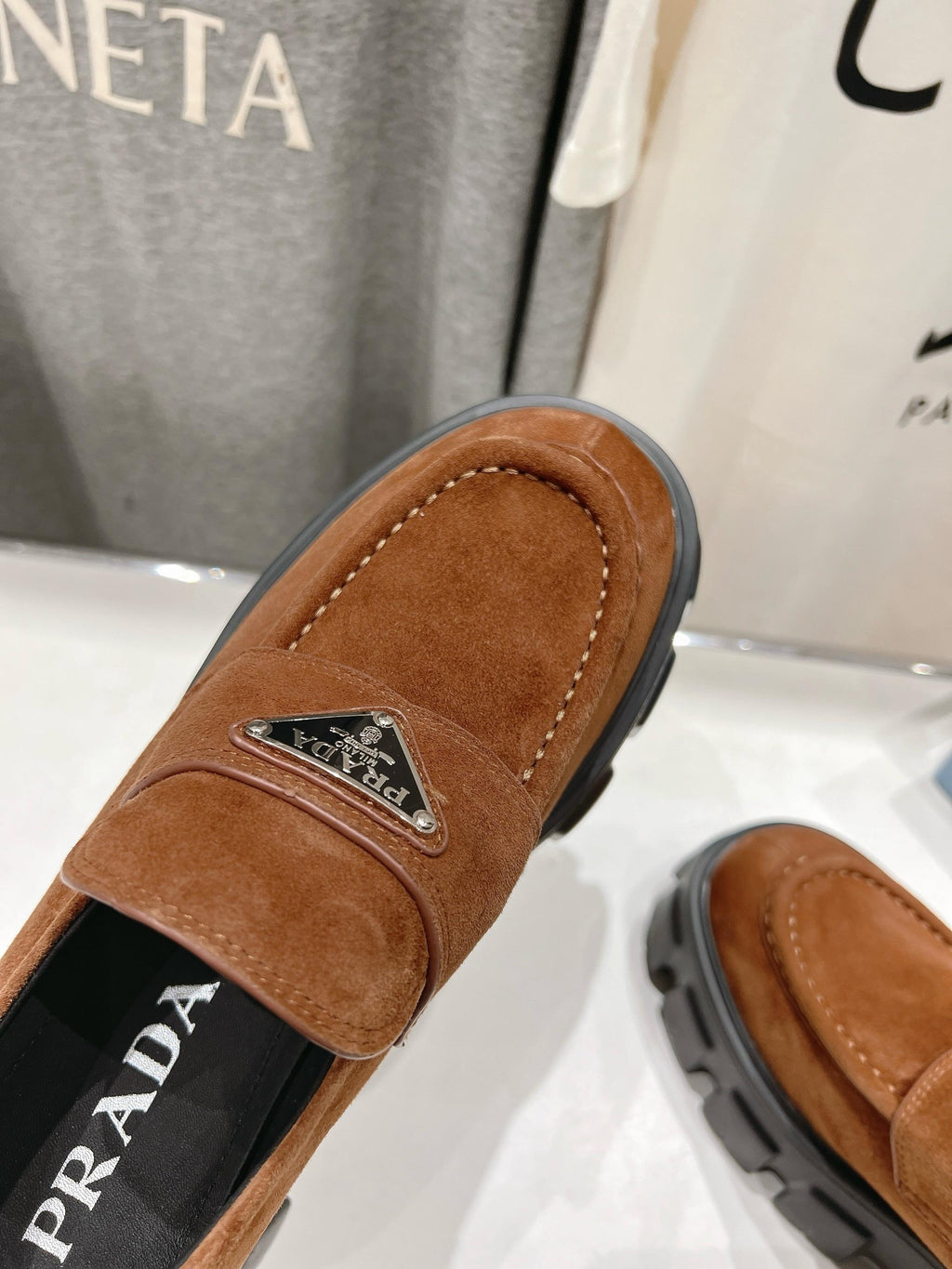 PRADA MONOLITH LOAFERS IN RED BROWN SUEDE