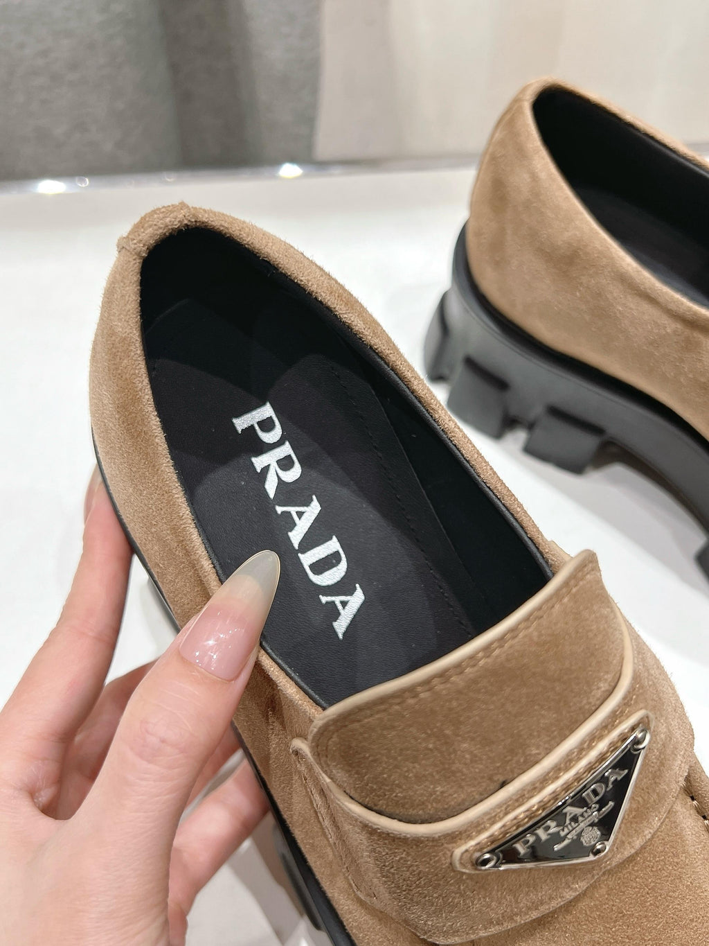 PRADA MONOLITH LOAFERS IN CAMEL BEIGE SUEDE