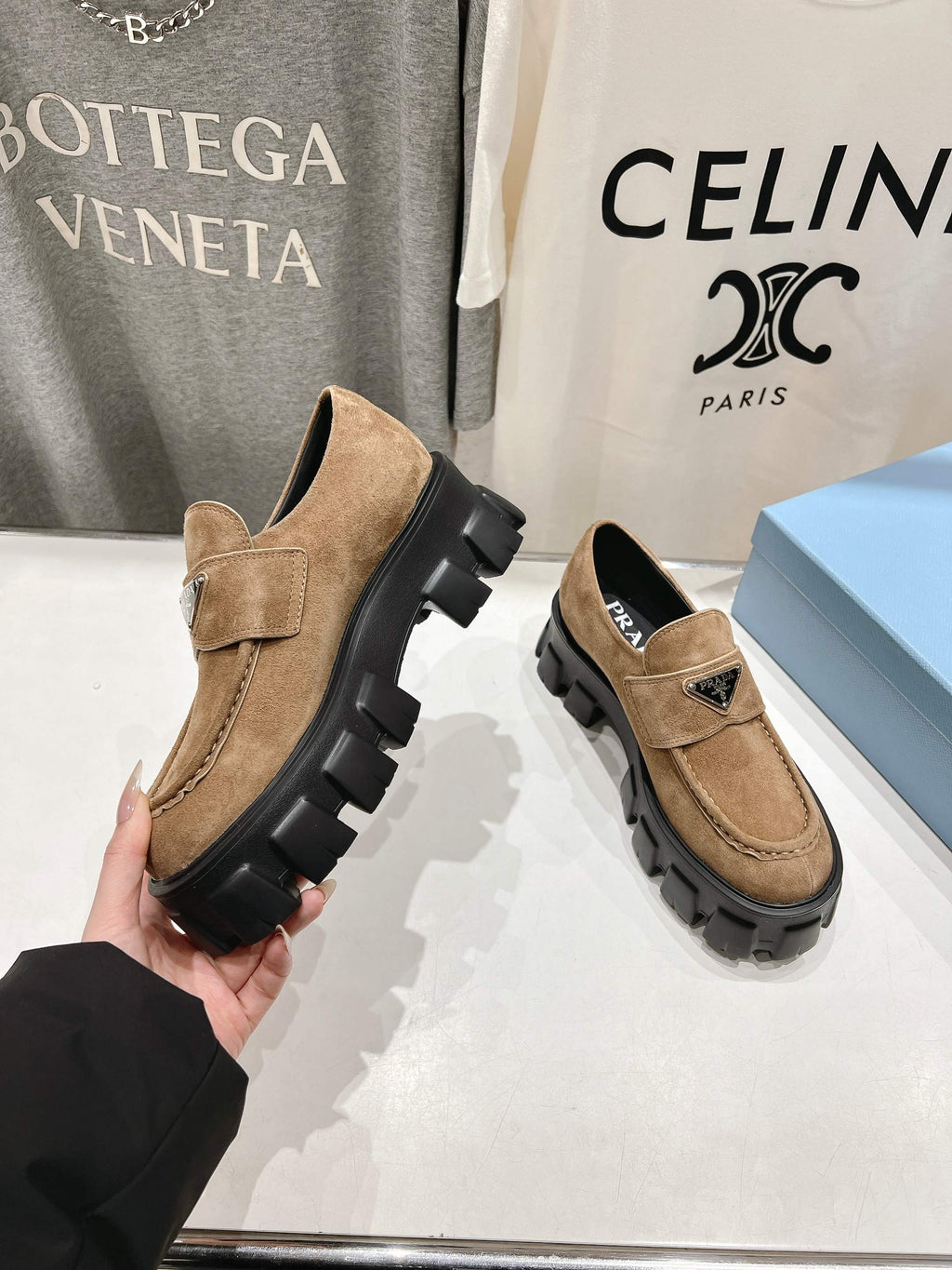 PRADA MONOLITH LOAFERS IN CAMEL BEIGE SUEDE