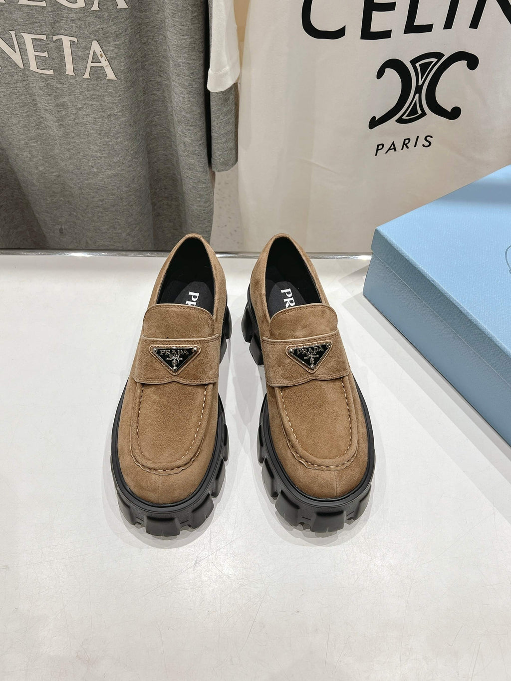 PRADA MONOLITH LOAFERS IN CAMEL BEIGE SUEDE