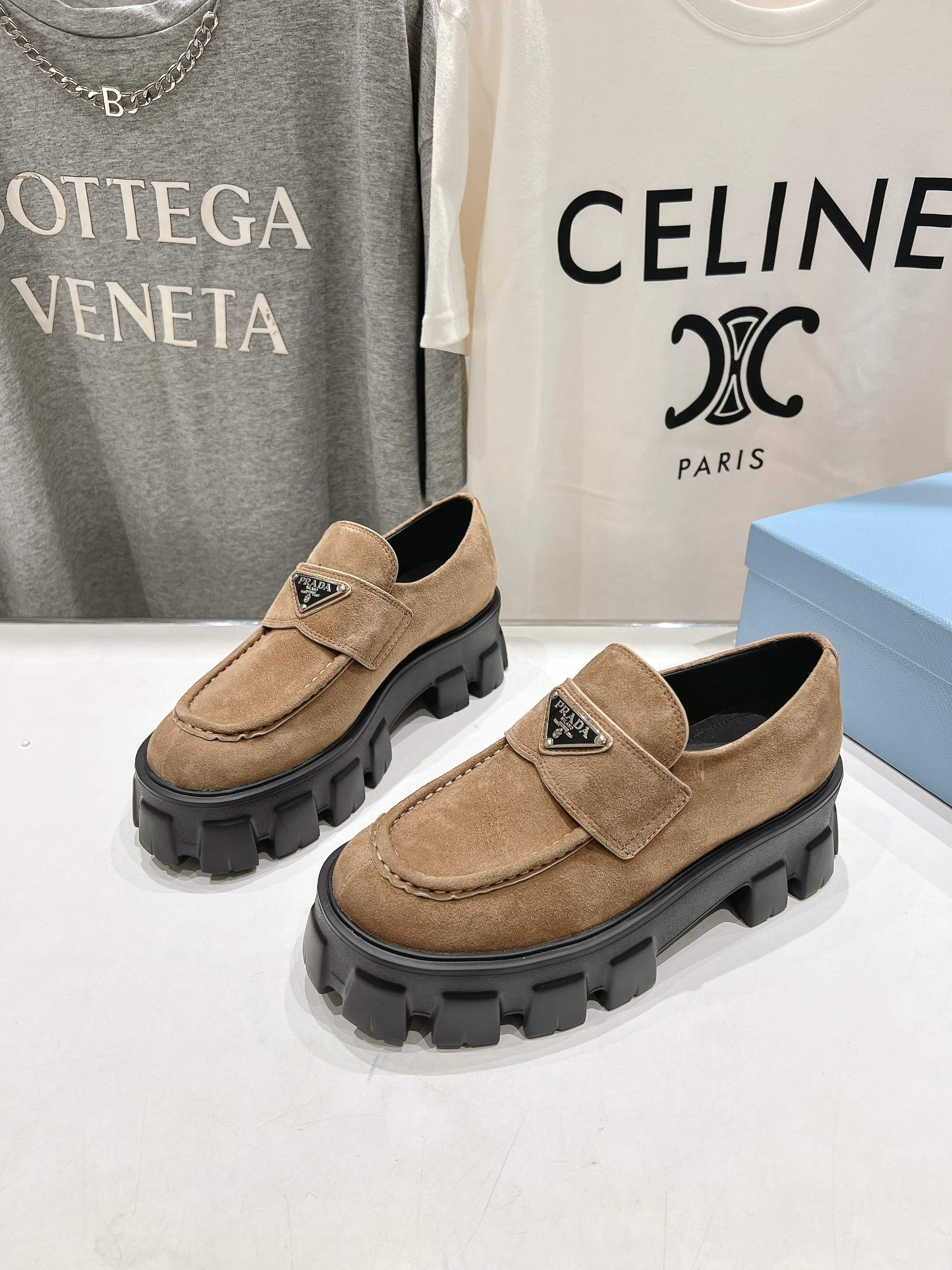 PRADA MONOLITH LOAFERS IN CAMEL BEIGE SUEDE
