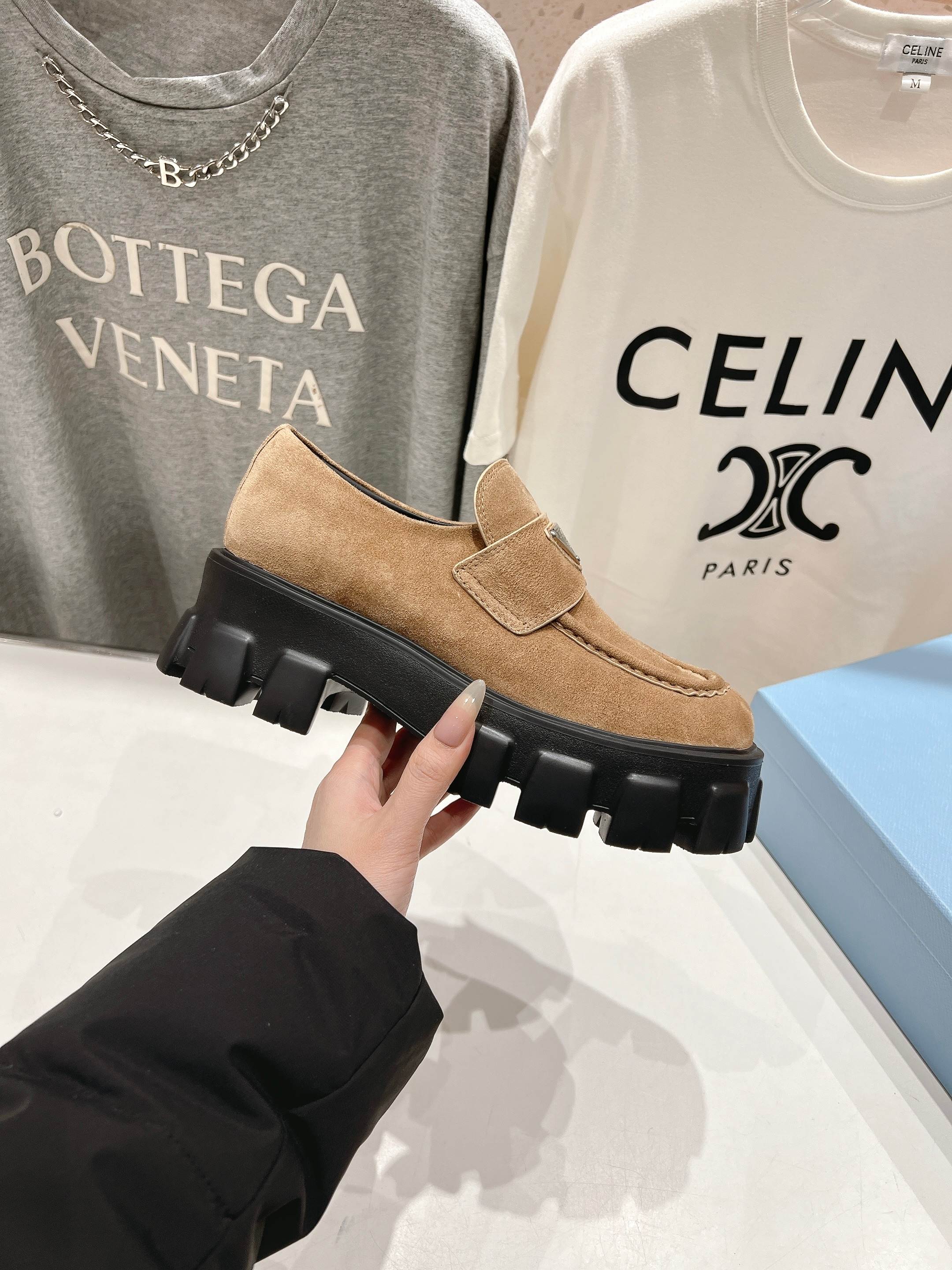 PRADA MONOLITH LOAFERS IN CAMEL BEIGE SUEDE