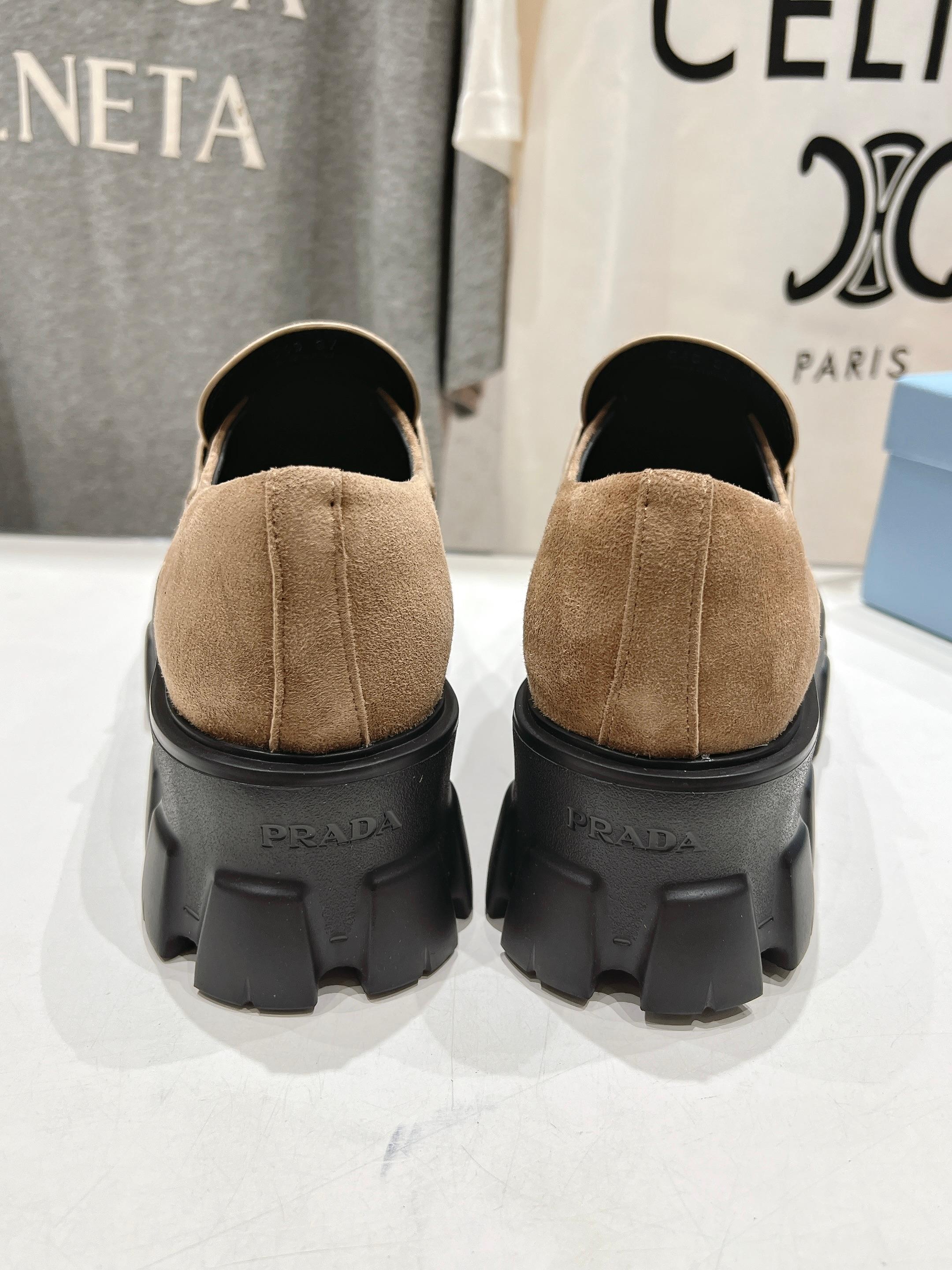PRADA MONOLITH LOAFERS IN CAMEL BEIGE SUEDE