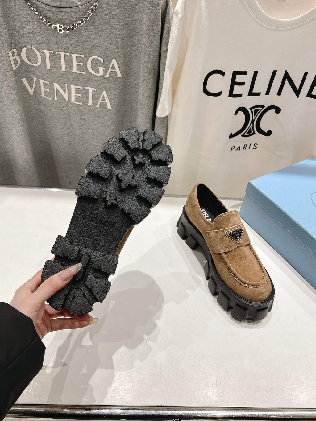 PRADA MONOLITH LOAFERS IN CAMEL BEIGE SUEDE