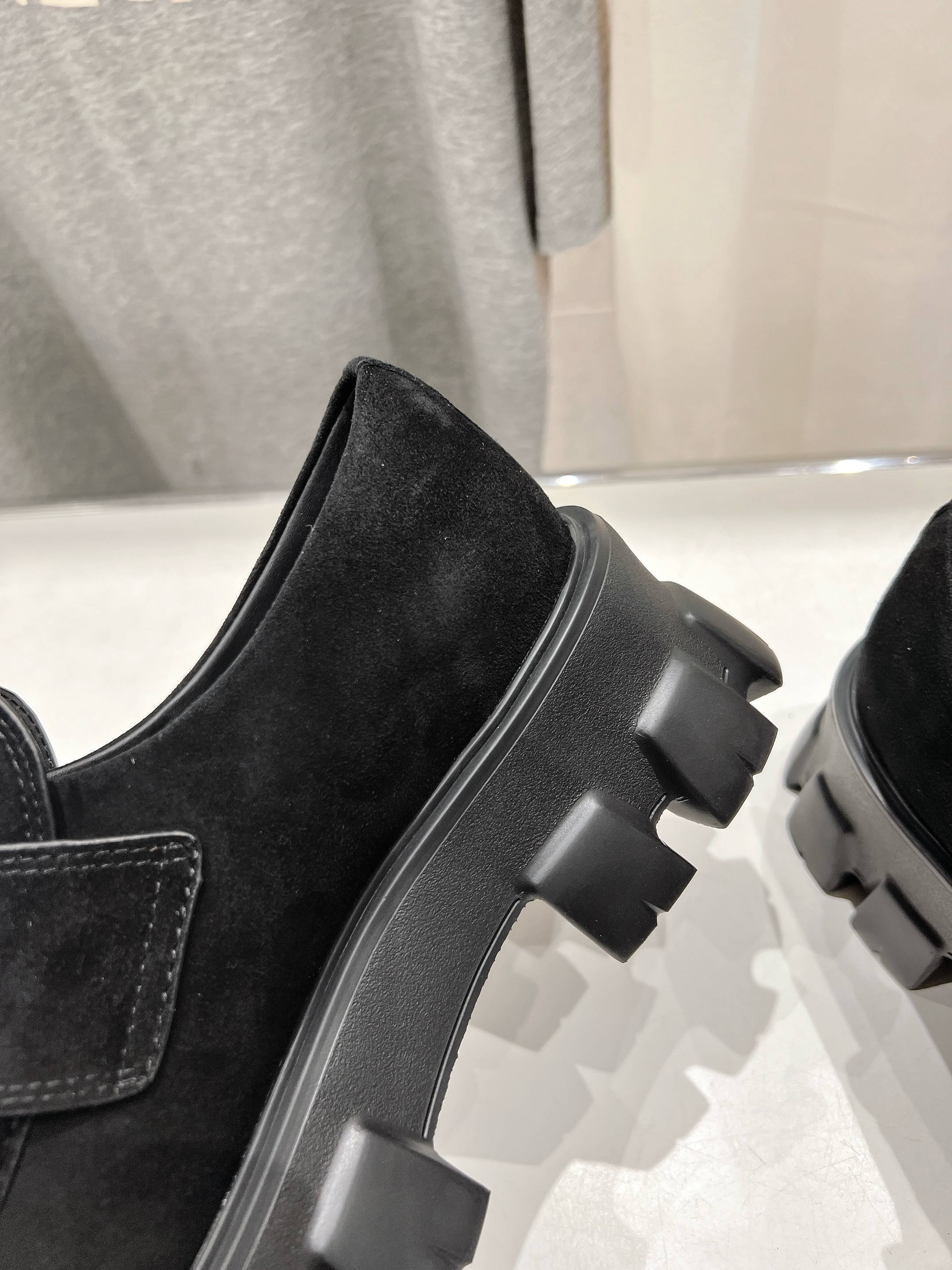 PRADA MONOLITH LOAFERS IN BLACK SUEDE
