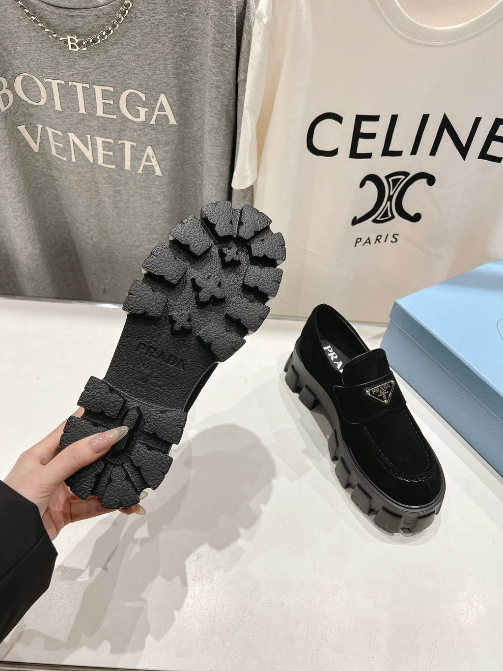PRADA MONOLITH LOAFERS IN BLACK SUEDE