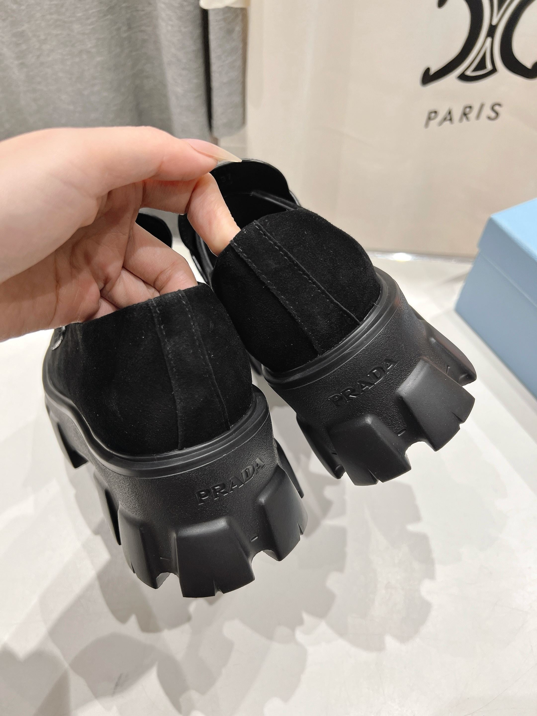 PRADA MONOLITH LOAFERS IN BLACK SUEDE