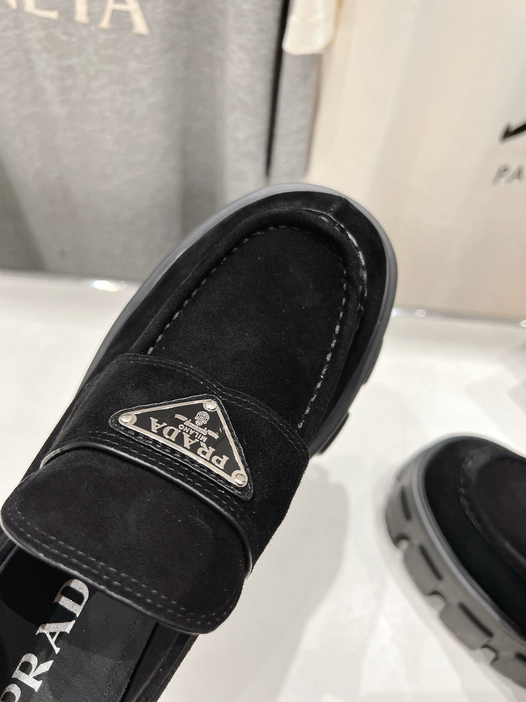 PRADA MONOLITH LOAFERS IN BLACK SUEDE