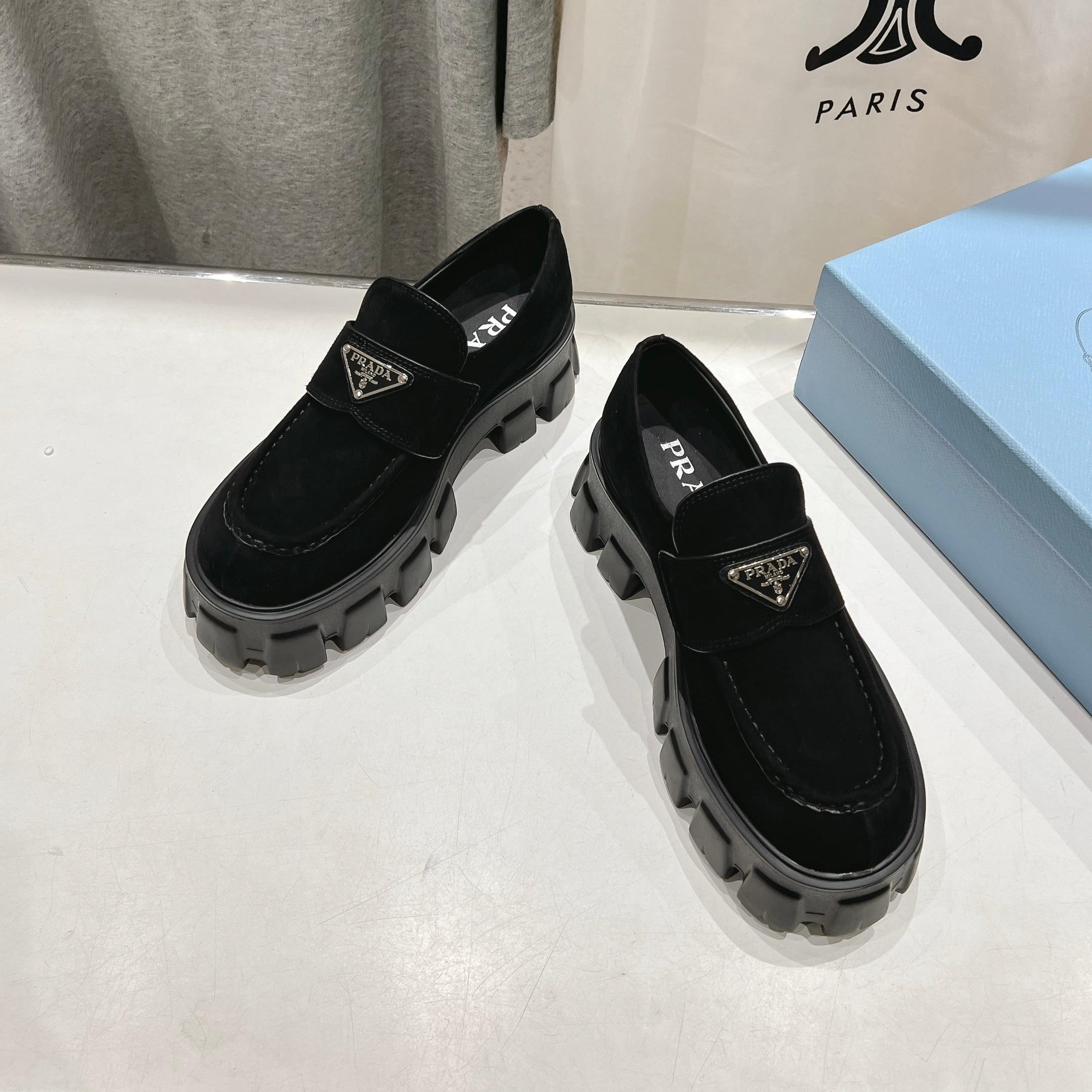 PRADA MONOLITH LOAFERS IN BLACK SUEDE